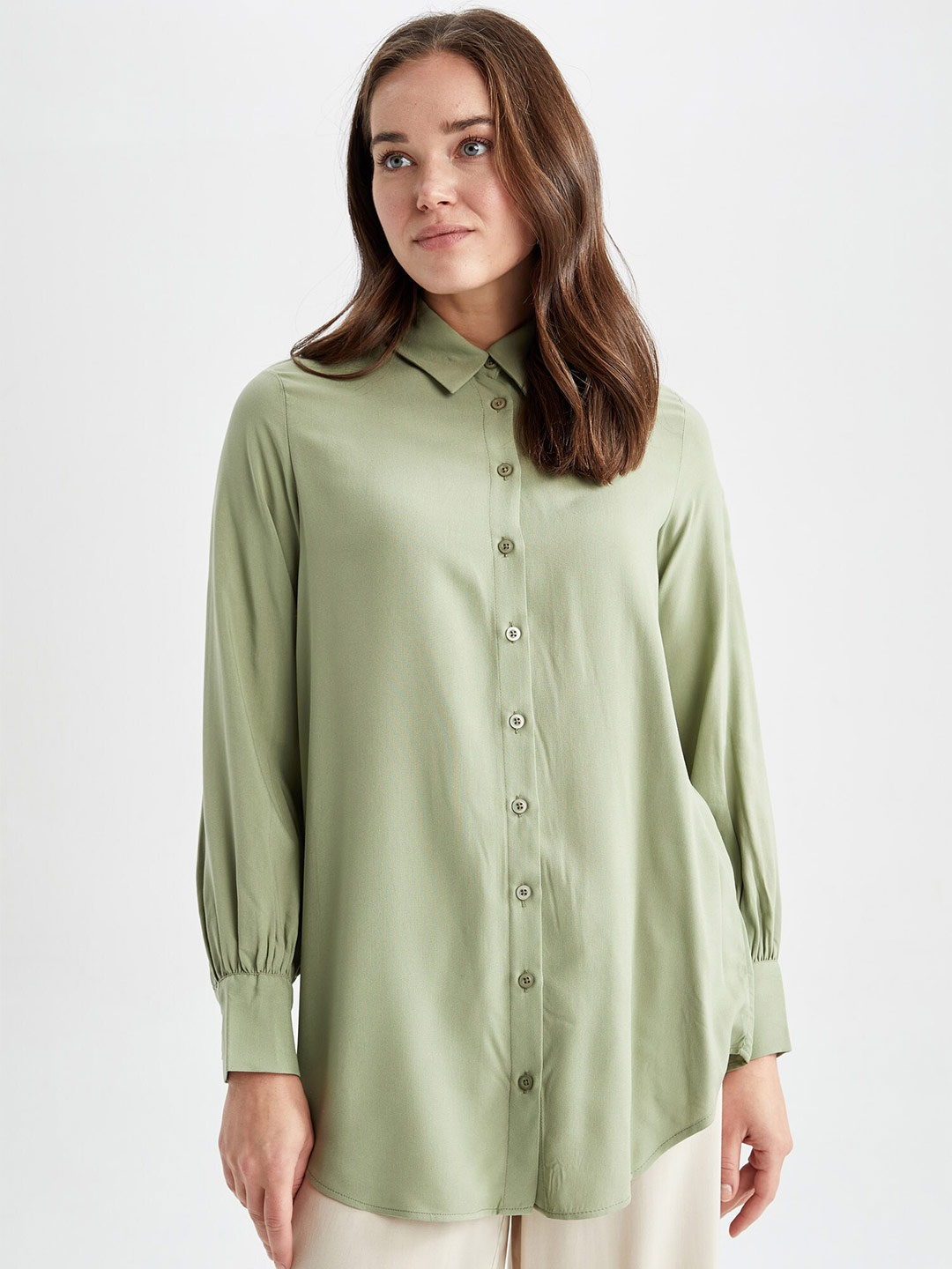 

DeFacto Spread Collar Opaque Longline Casual Shirt, Sea green