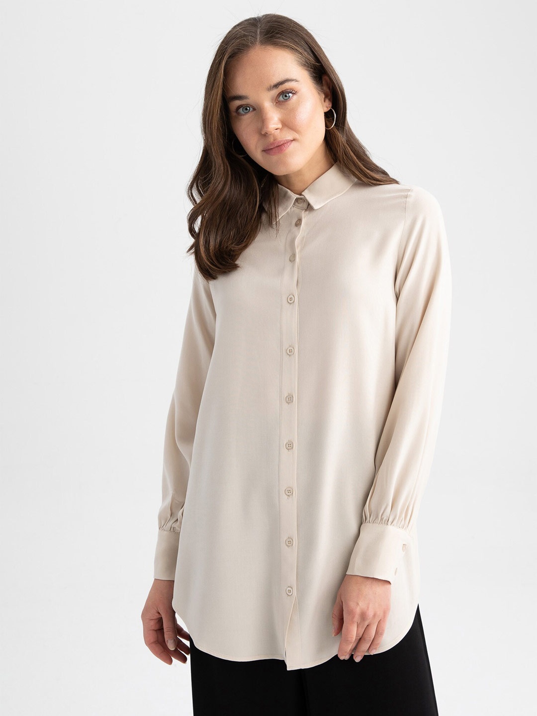 

DeFacto Spread Collar Opaque Longline Casual Shirt, Beige