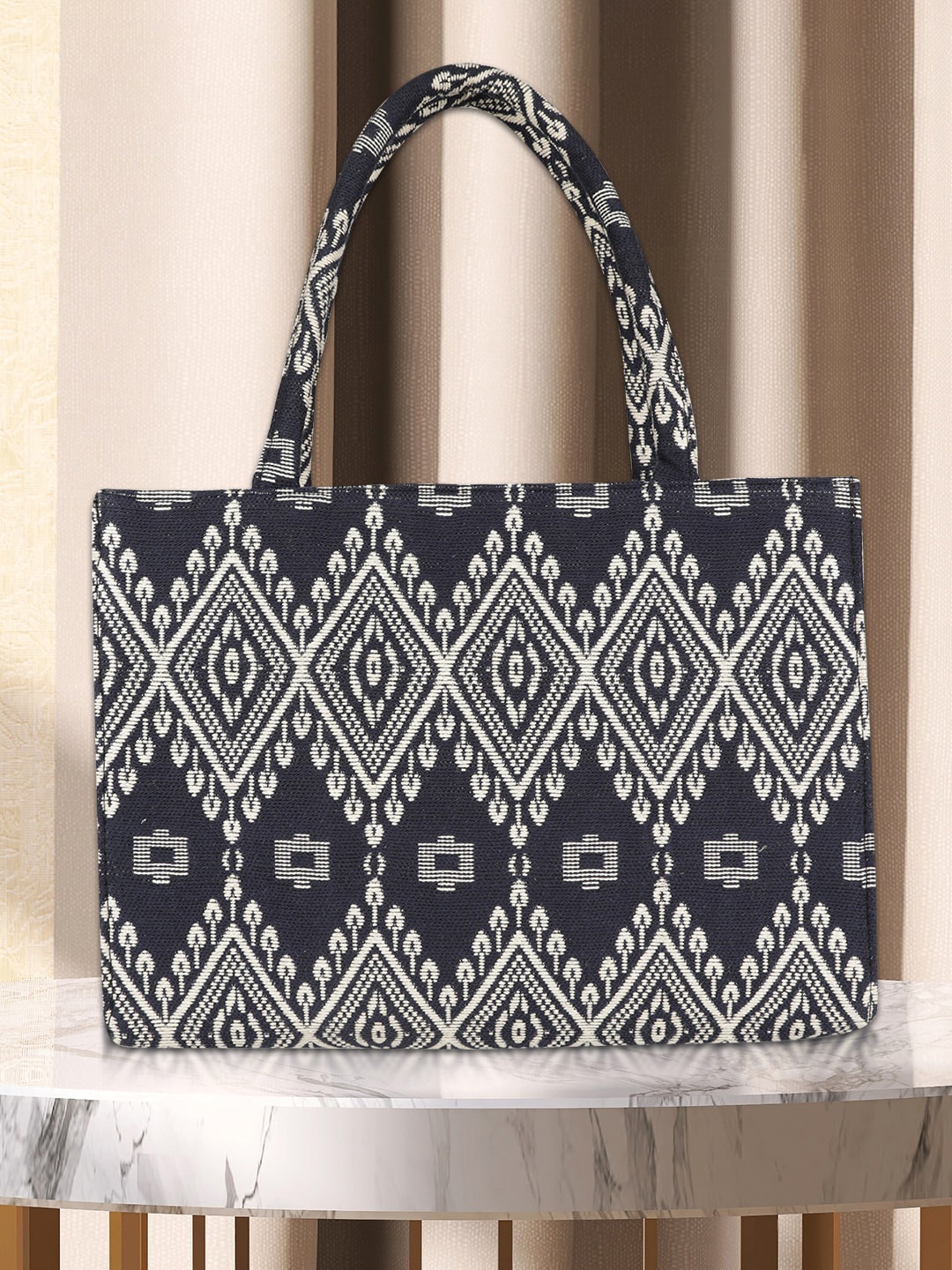 

MINI WESST Ethnic Motifs Oversized Structured Tote Bag, Navy blue