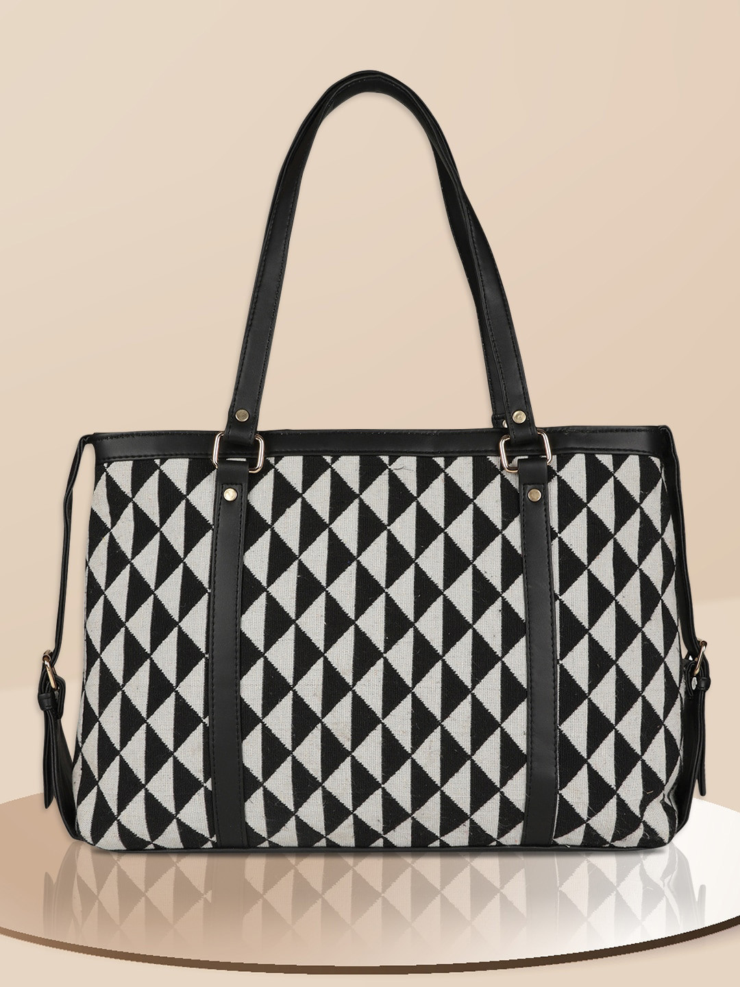 

MINI WESST Geometric Printed Structured Tote Bag, Black