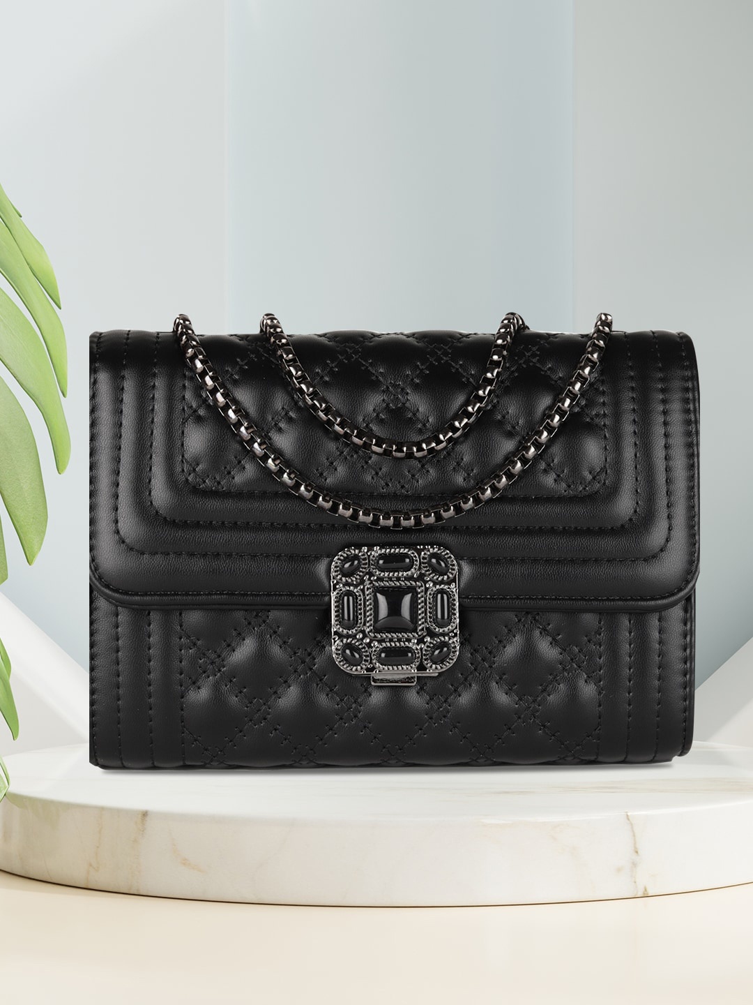 

MINI WESST Textured Structured Sling Bag With Quilted, Black
