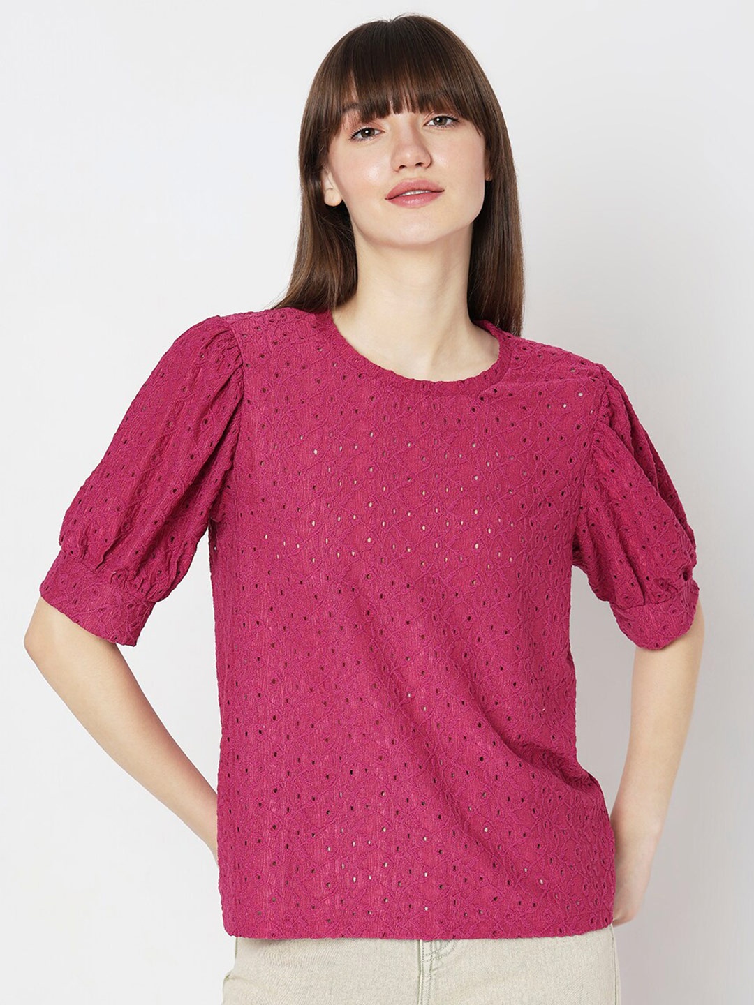 

Vero Moda Self Design Round Neck Puff sleeves Regular Top, Pink