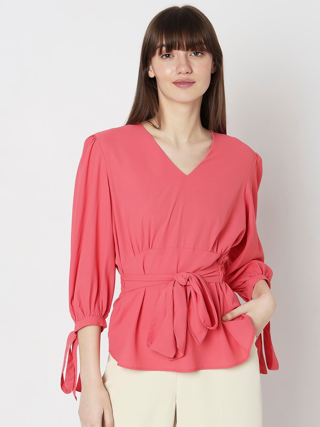 

Vero Moda V-Neck Puff Sleeves Cinched Waist Top, Pink