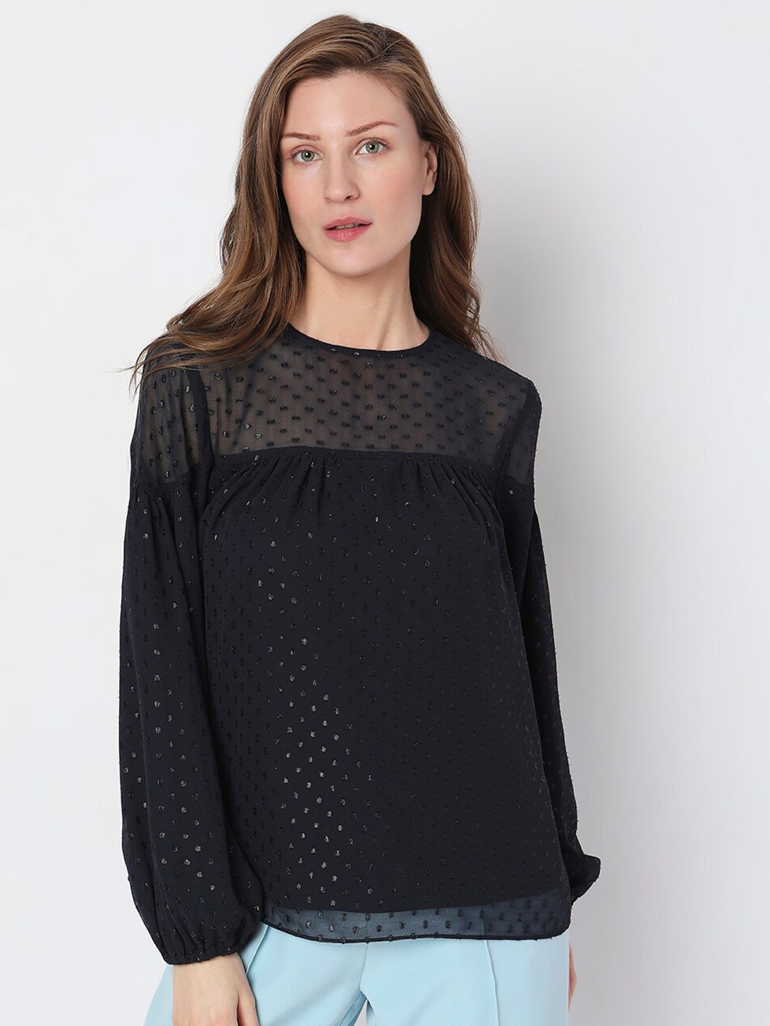 

Vero Moda Self Design Puff Sleeves Top, Black