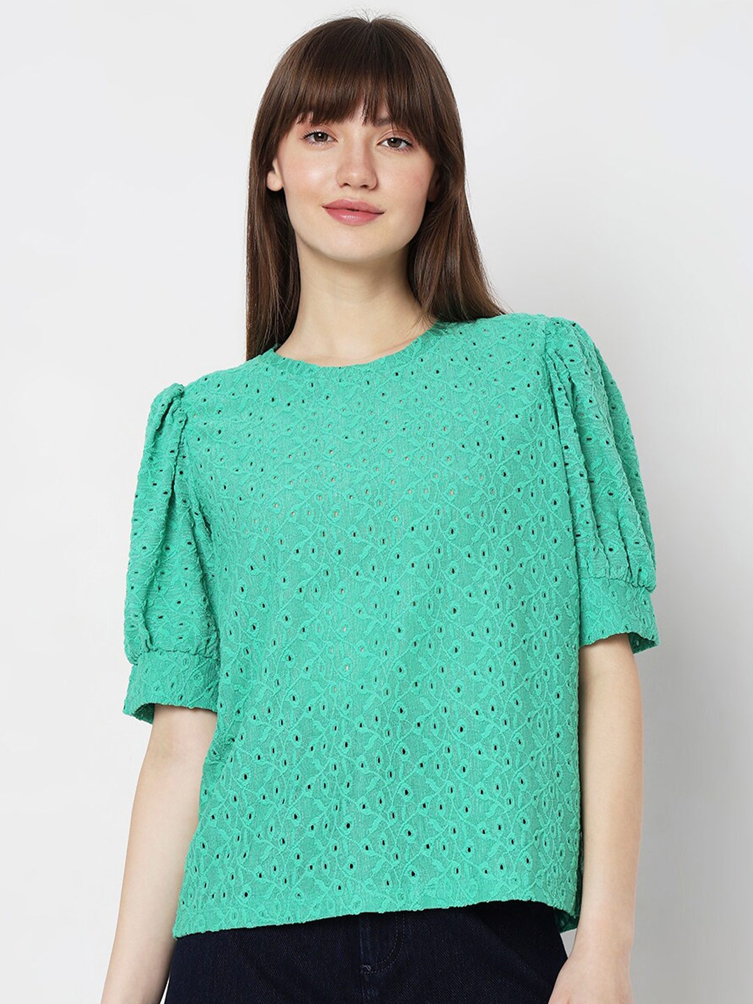 

Vero Moda Self Design Puff Sleeves Top, Green