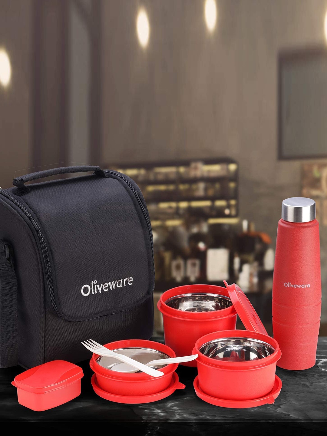 

SOPL-OLIVEWARE Red 4 Pieces Stainless Steel Lunch Boxes With Water Bottle