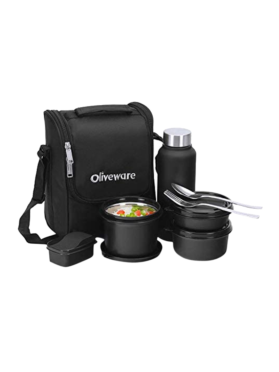 

SOPL-OLIVEWARE Black 4 Pieces Stainless Steel Lunch Boxes With Water Bottle