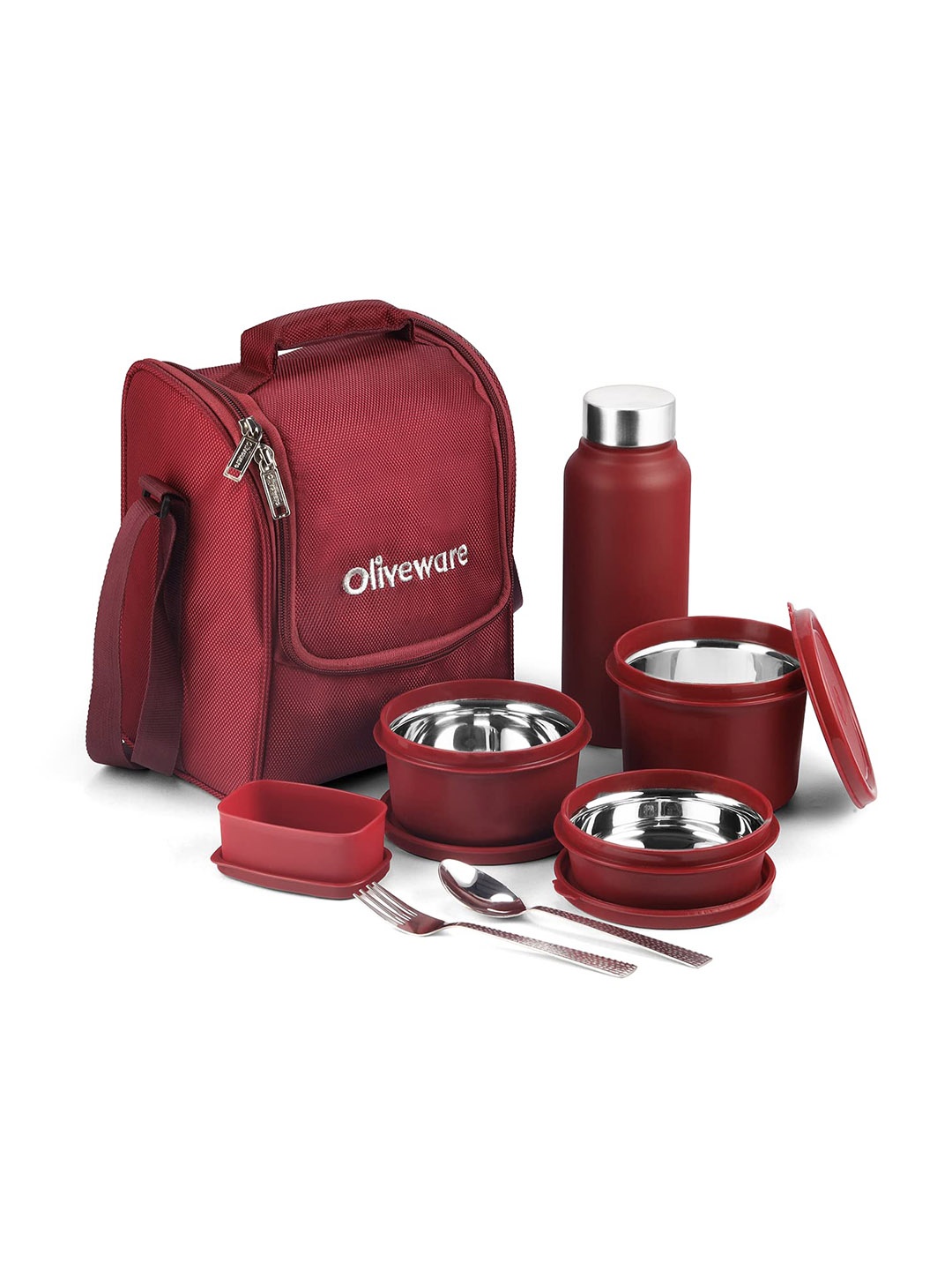 

SOPL-OLIVEWARE Maroon 4 Pieces Stainless Steel Lunch Boxes With Water Bottle