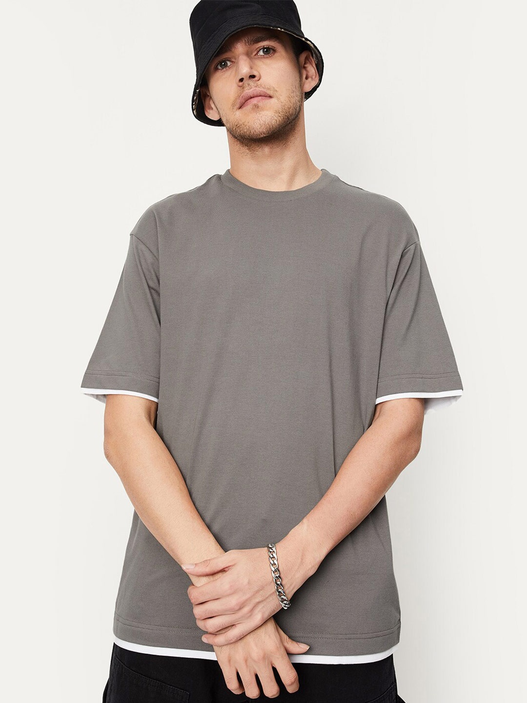 

max Round Neck Drop-Shoulder Sleeves Oversize Cotton T-shirt, Grey