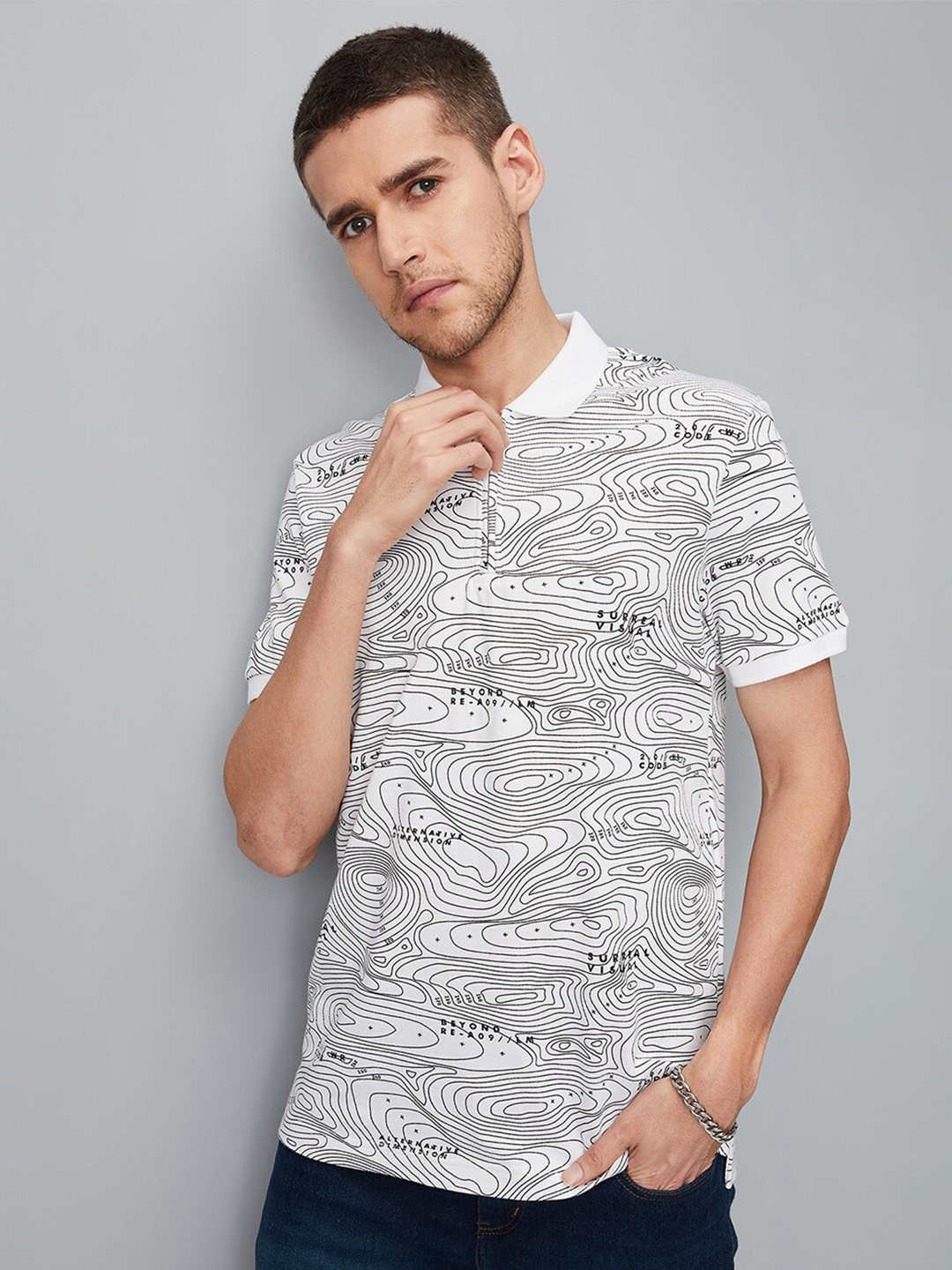 

max Polo Collar Abstract Printed Cotton T-shirt, White