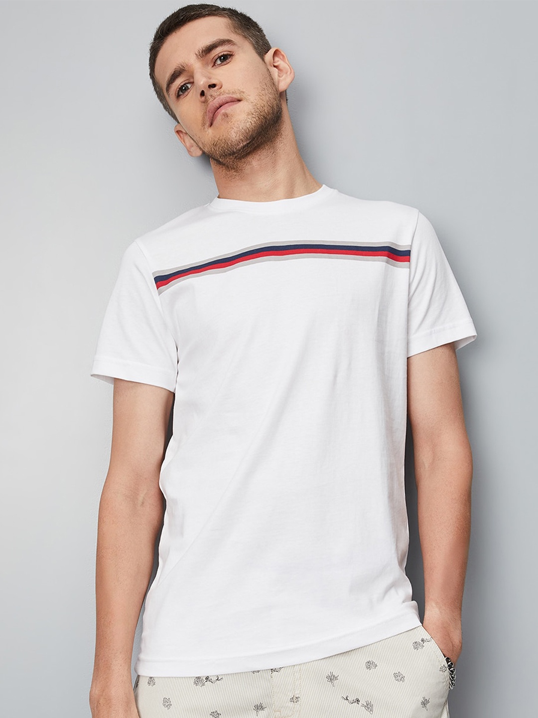 

max Round Neck Striped Cotton T-shirt, White