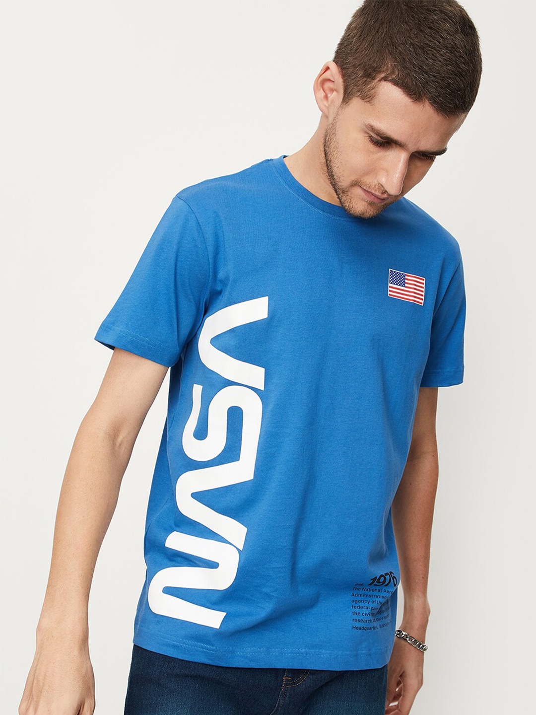 

max Round Neck NASA Typography Printed Cotton T-shirt, Blue