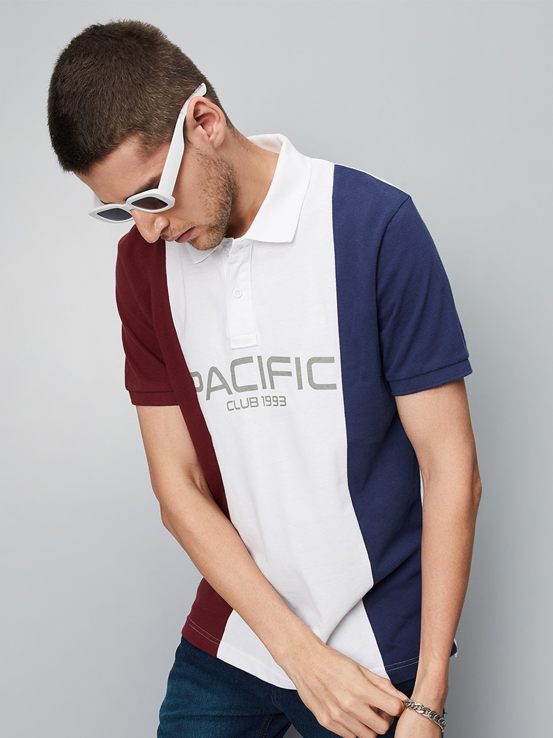 

max Colourblocked Polo Collar Pure Cotton T-shirt, White
