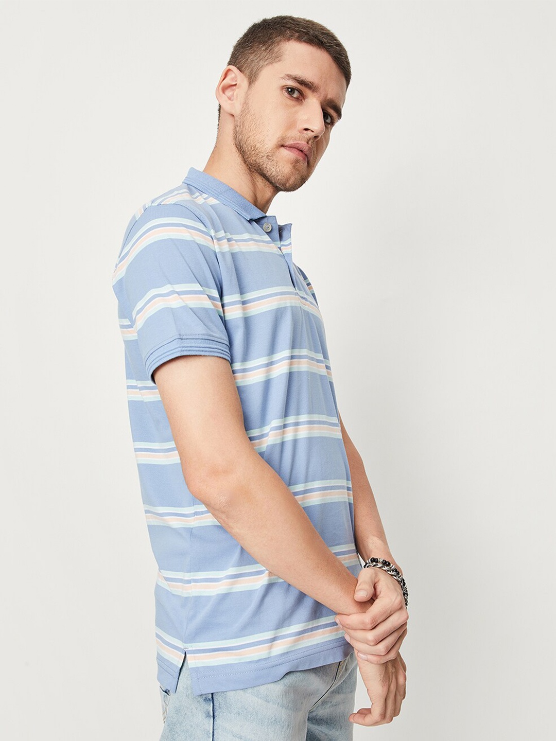 

max Striped Polo Collar T-shirt, Blue