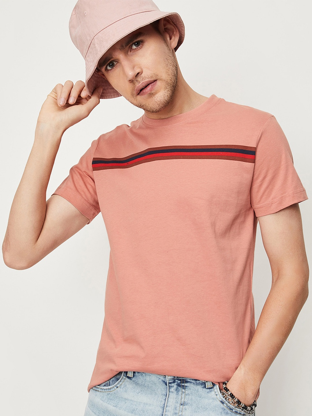 

max Round Neck Striped Cotton T-shirt, Pink