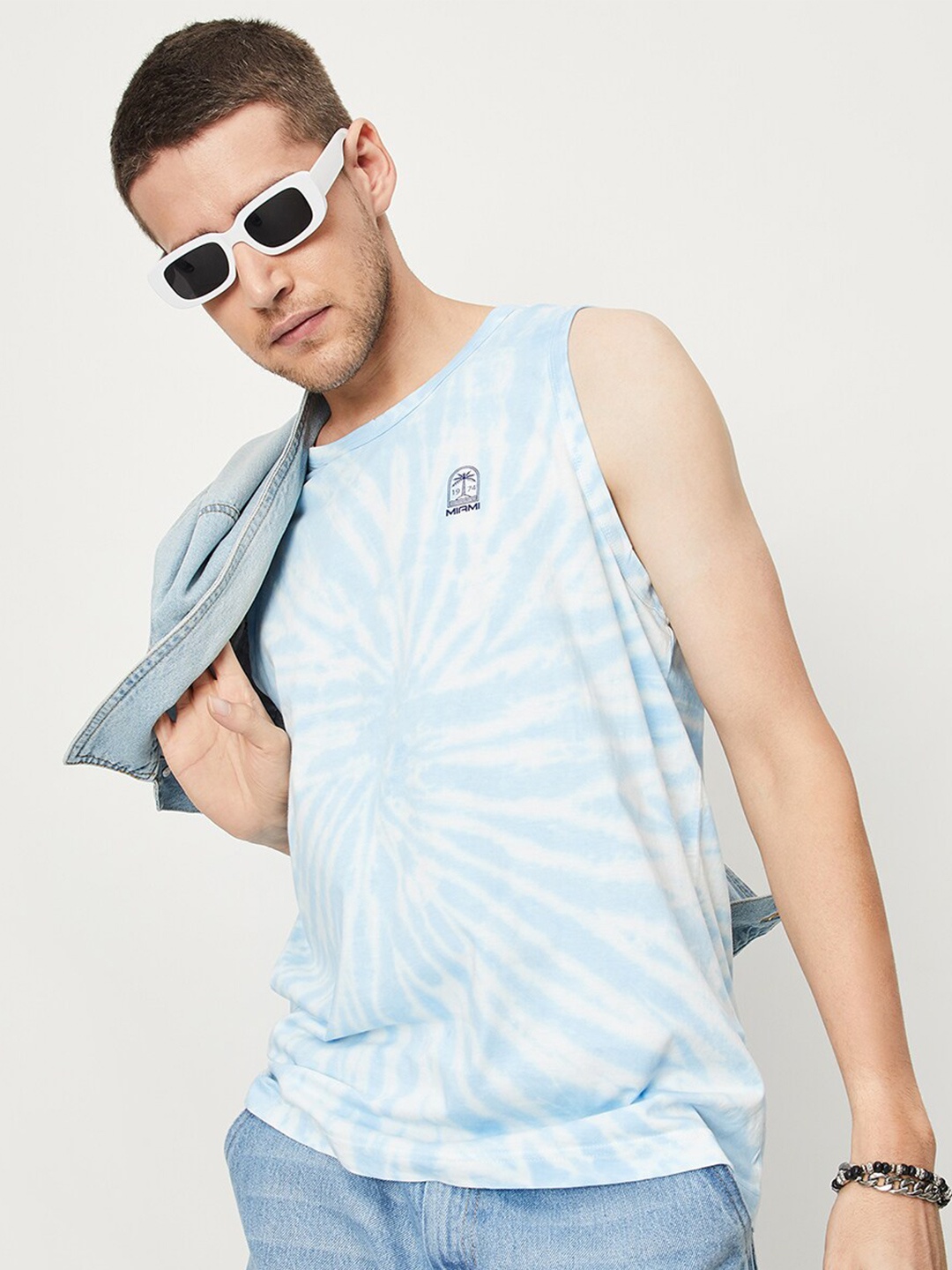 

max Sleeveless Abstract Printed Cotton T-shirt, Blue