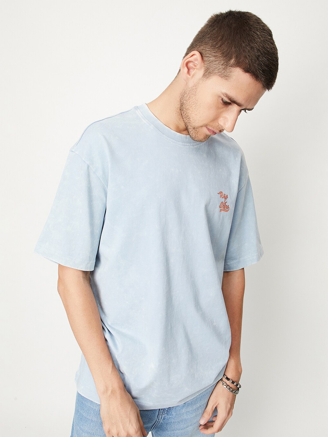 max Round Neck Drop-Shoulder Sleeves Cotton Oversized T-shirt, Blue
