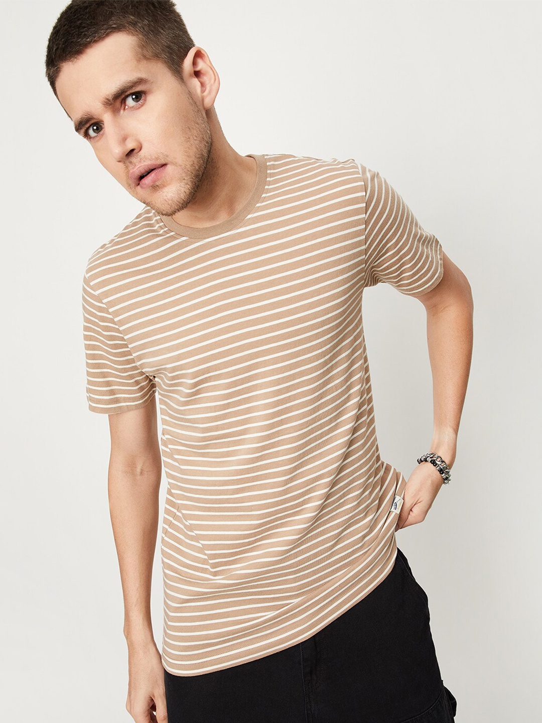 

max Round Neck Striped Cotton T-shirt, Beige