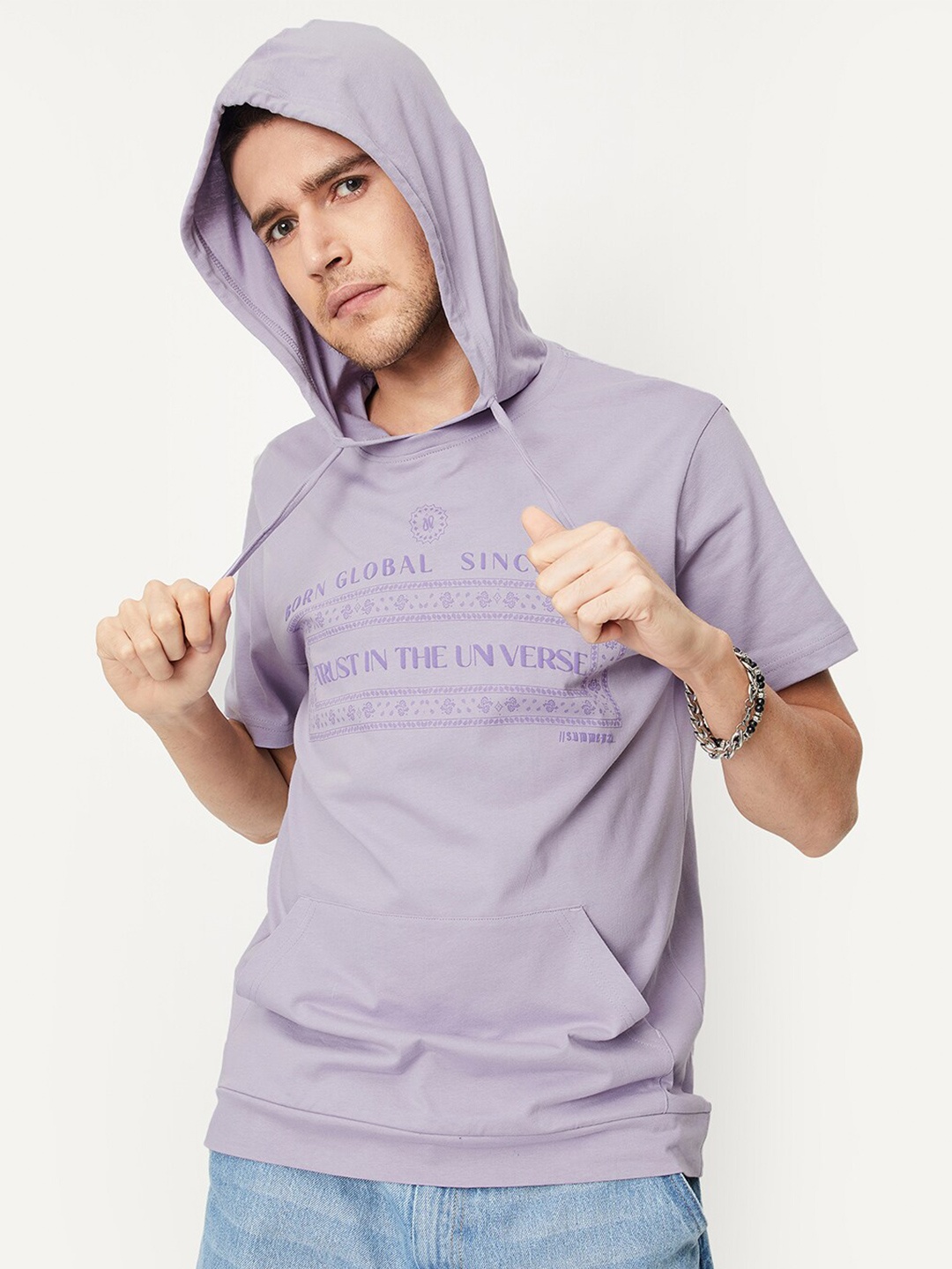 

max Hodded Typography Printed Cotton T-shirt, Purple