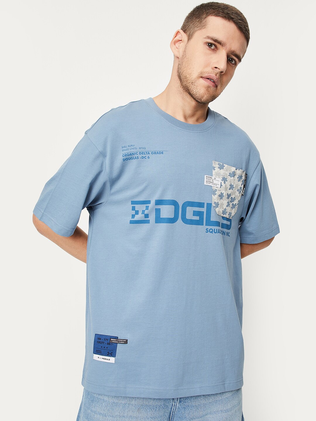

max Typography Printed Drop-Shoulder Sleeves Oversized Cotton T-shirt, Blue