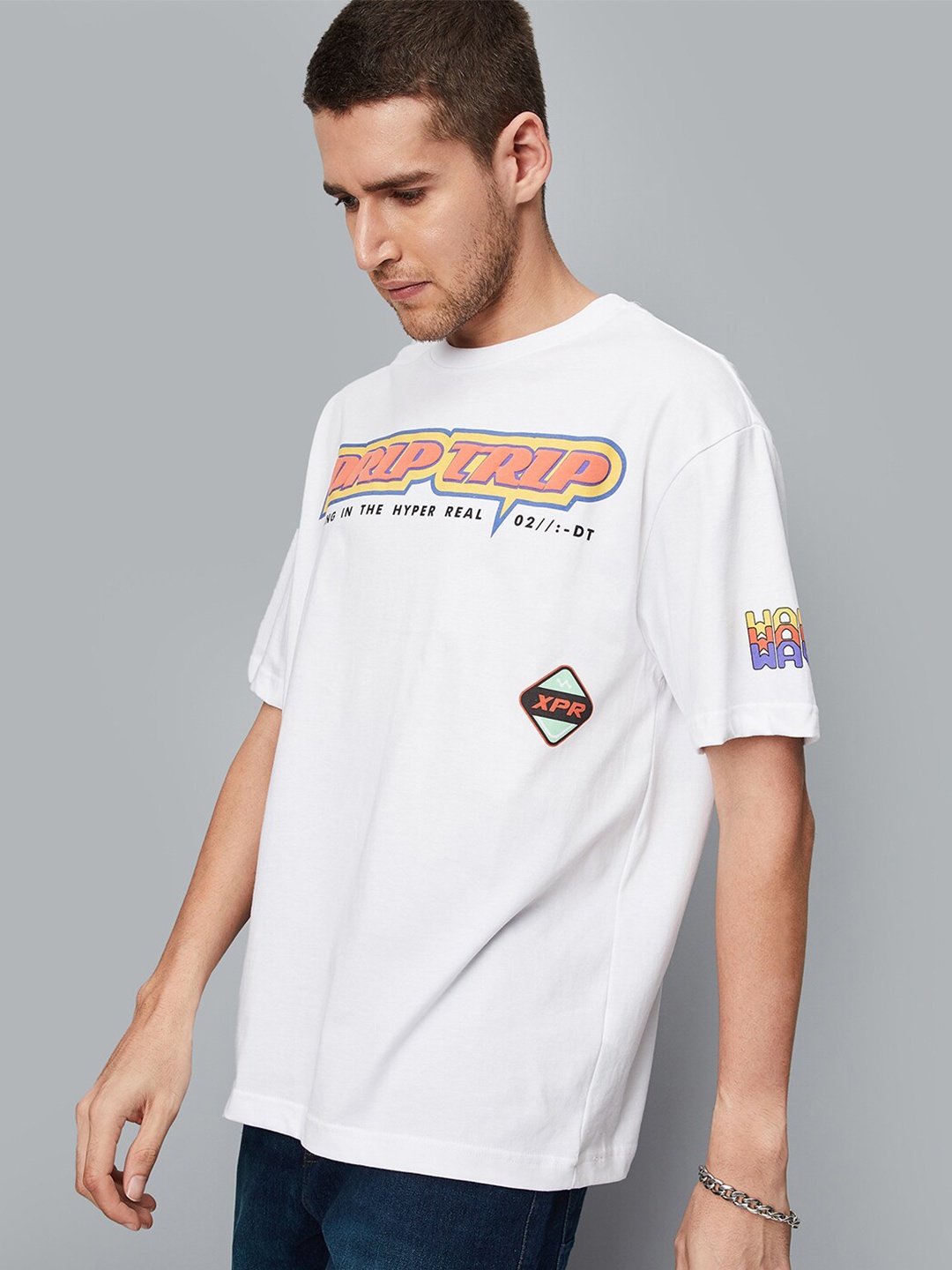 

max Typography Printed Drop-Shoulder Sleeves Cotton Oversized T-shirt, White