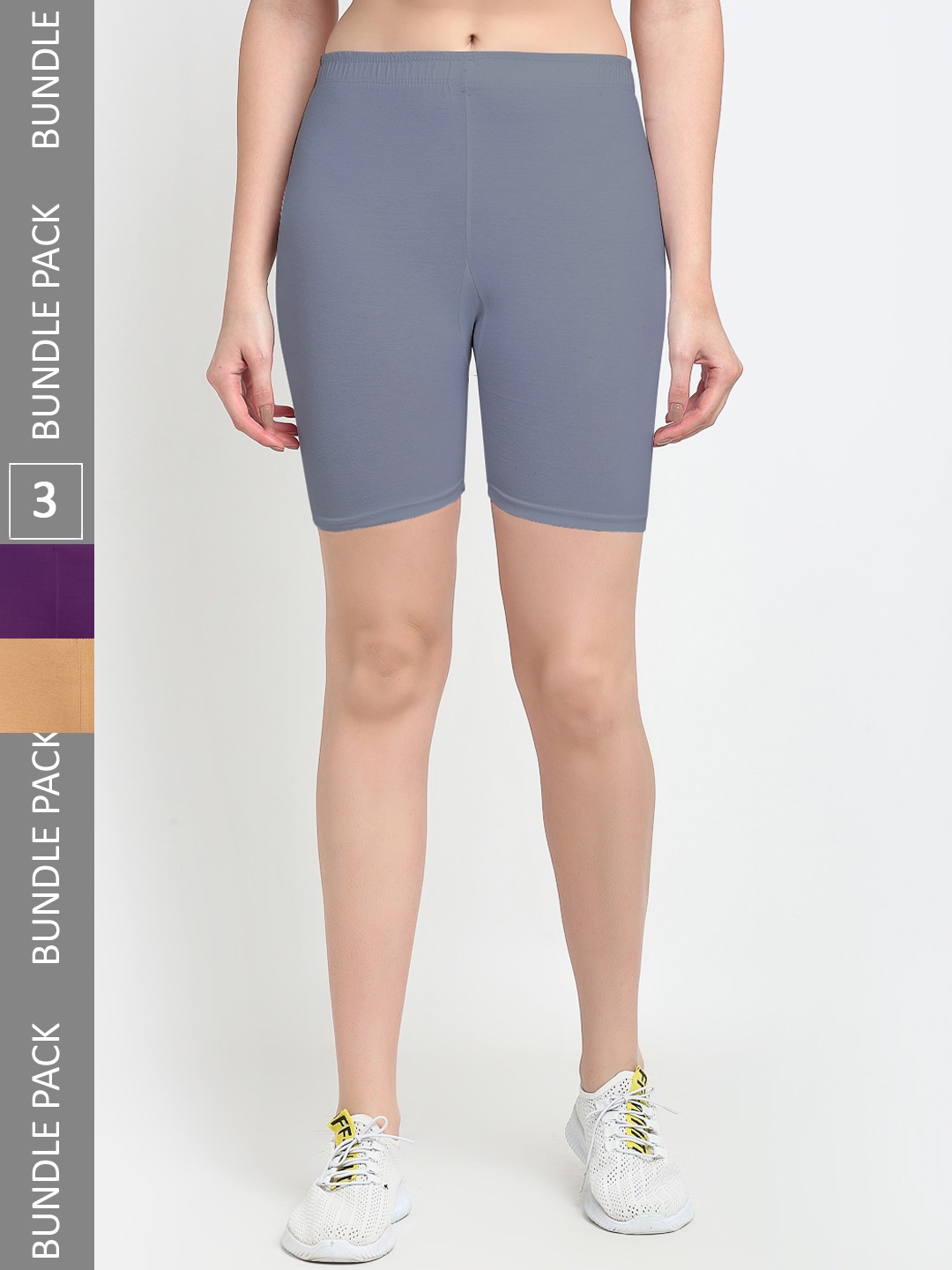 

Jinfo Women Pack Of 3 Skinny Fit Mid Rise Cotton Sports Shorts, Grey