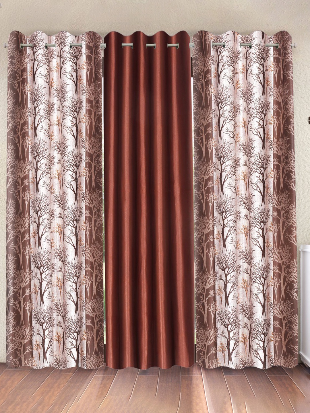 

Fashion String Brown & White 3 Piece Tree Printed Long Door Curtain