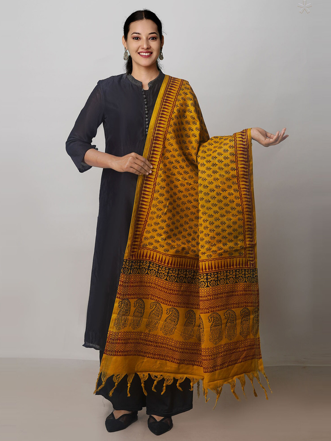 

Unnati Silks Ethnic Motifs Block Printed Pure Cotton Dupatta, Mustard