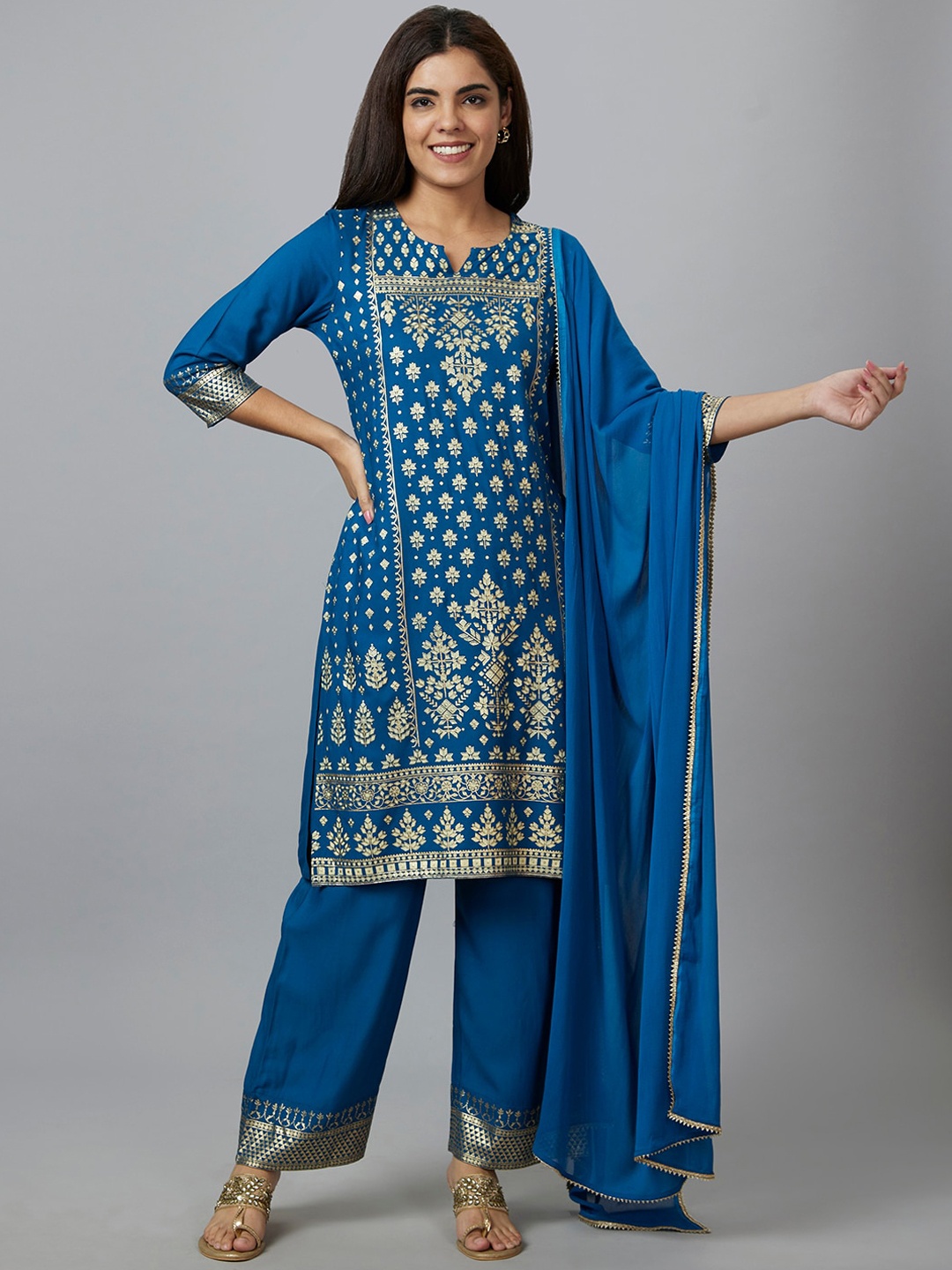 

Globus Blue & Gold Ethnic Motifs Printed Notched Neck Kurta With Trousers & Dupatta