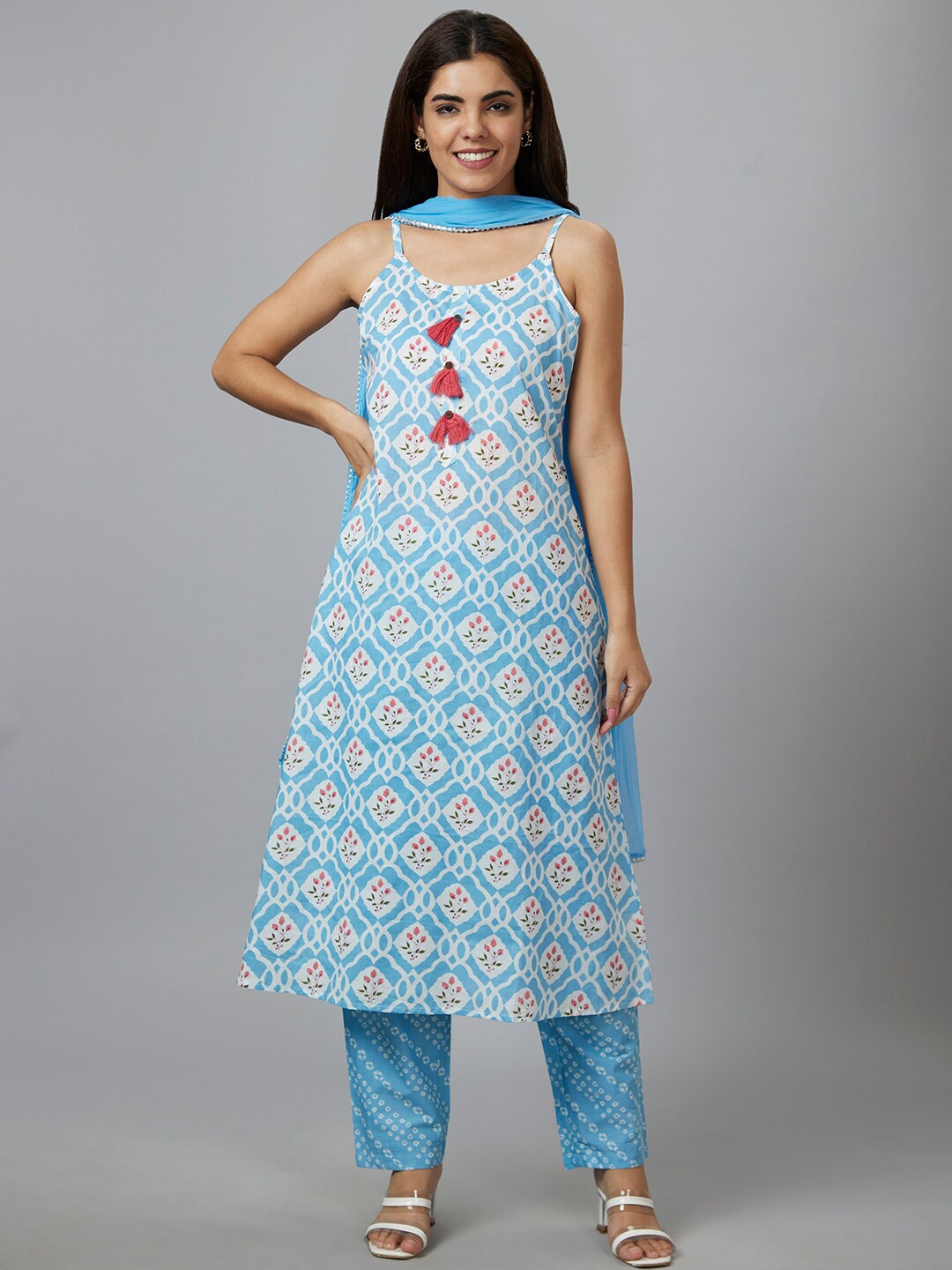 

Globus Turquoise Blue & white Printed Pure Cotton A-Line Kurta With Trousers & Dupatta