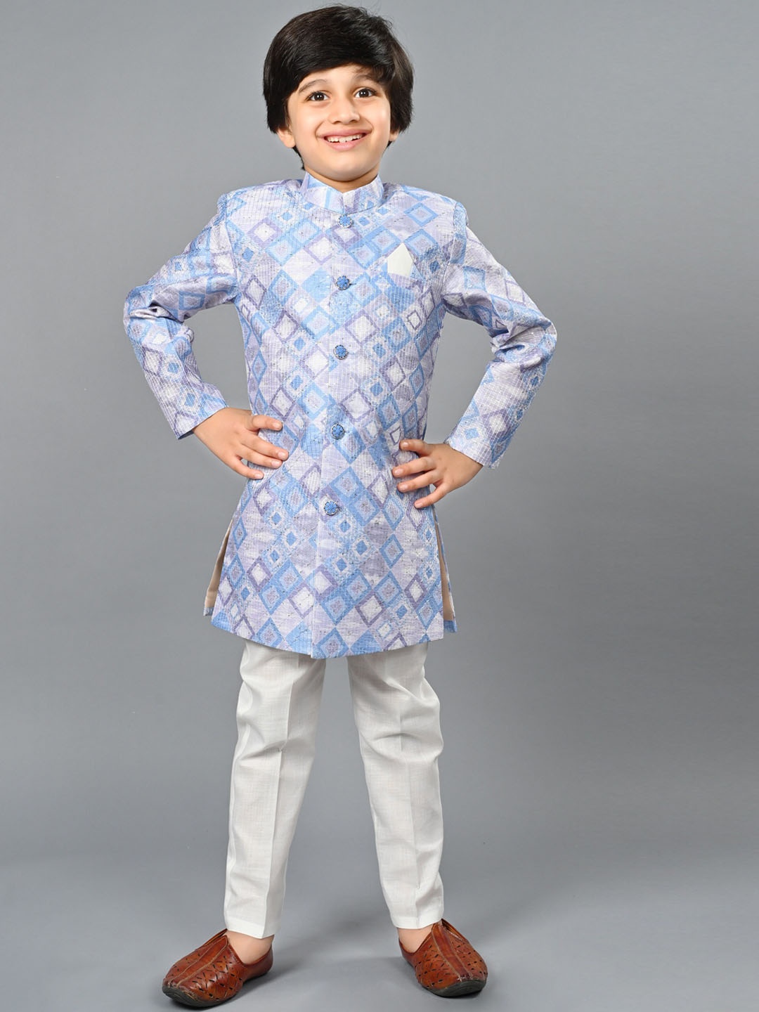 

ahhaaaa Boys Geometric Printed Sherwani Set, Blue