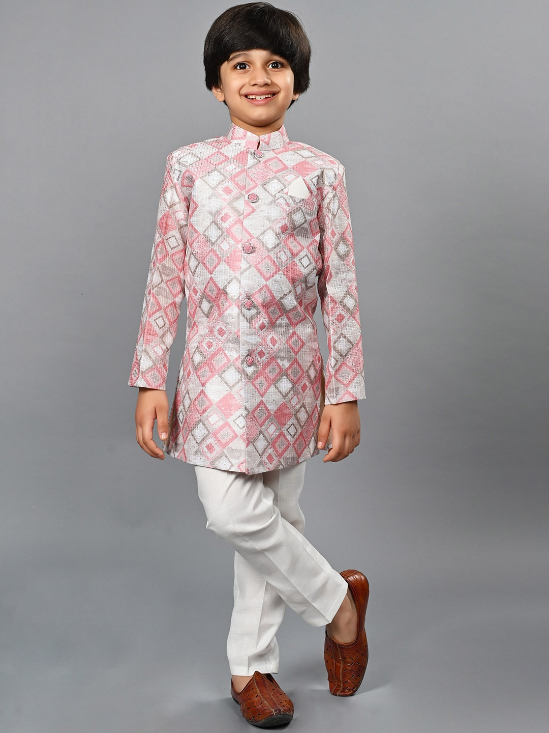 

ahhaaaa Boys Geometric Printed Sherwani Set, Pink