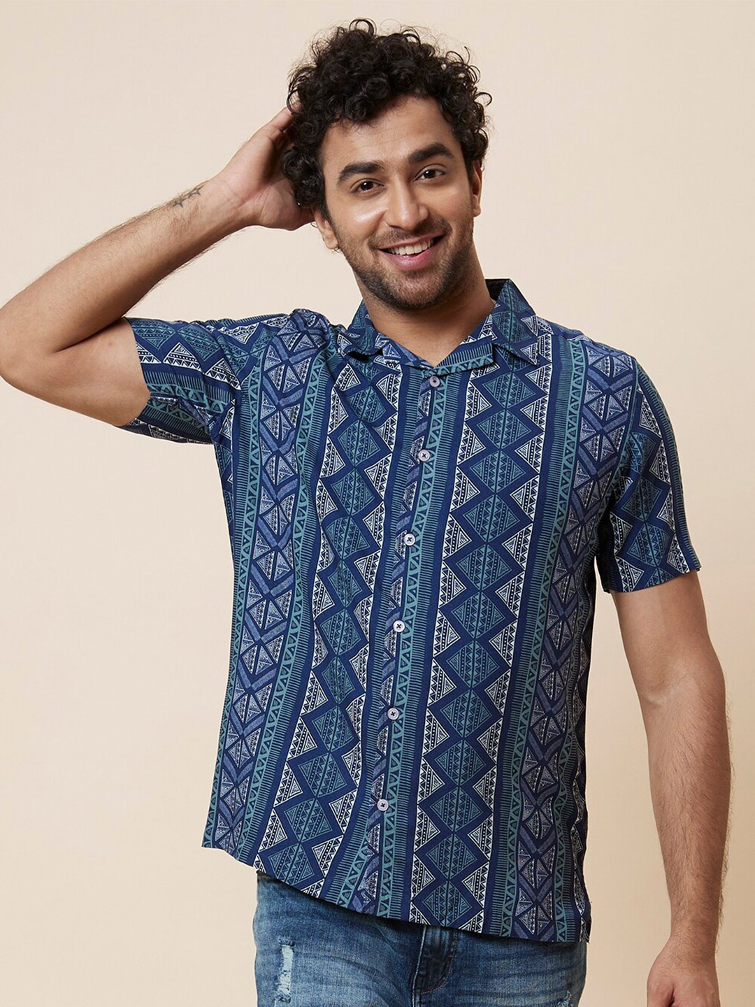 

Globus Tribal Printed Cuban Collar Casual Shirt, Blue