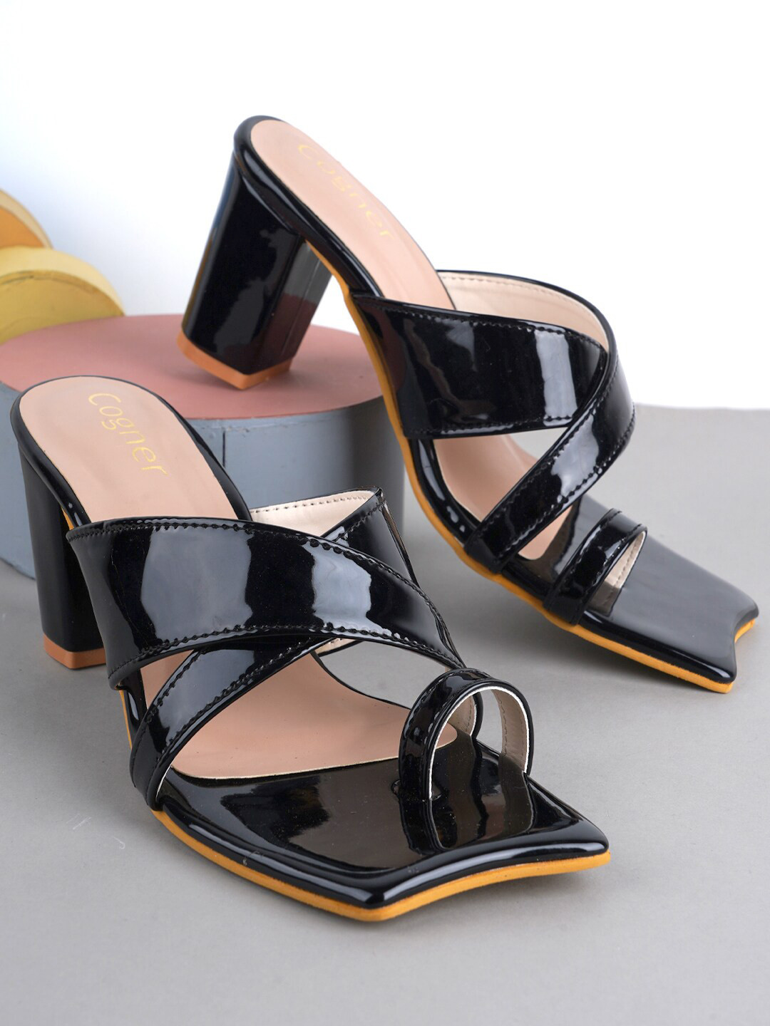 

Cogner Cross Strap Block Heels, Black