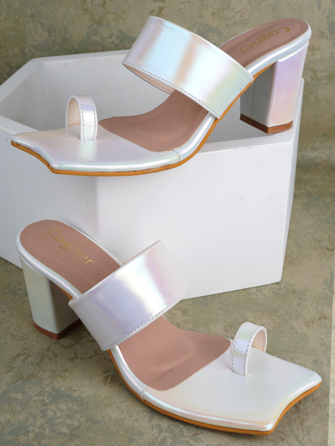 

Cogner One Toe Block Heels, White