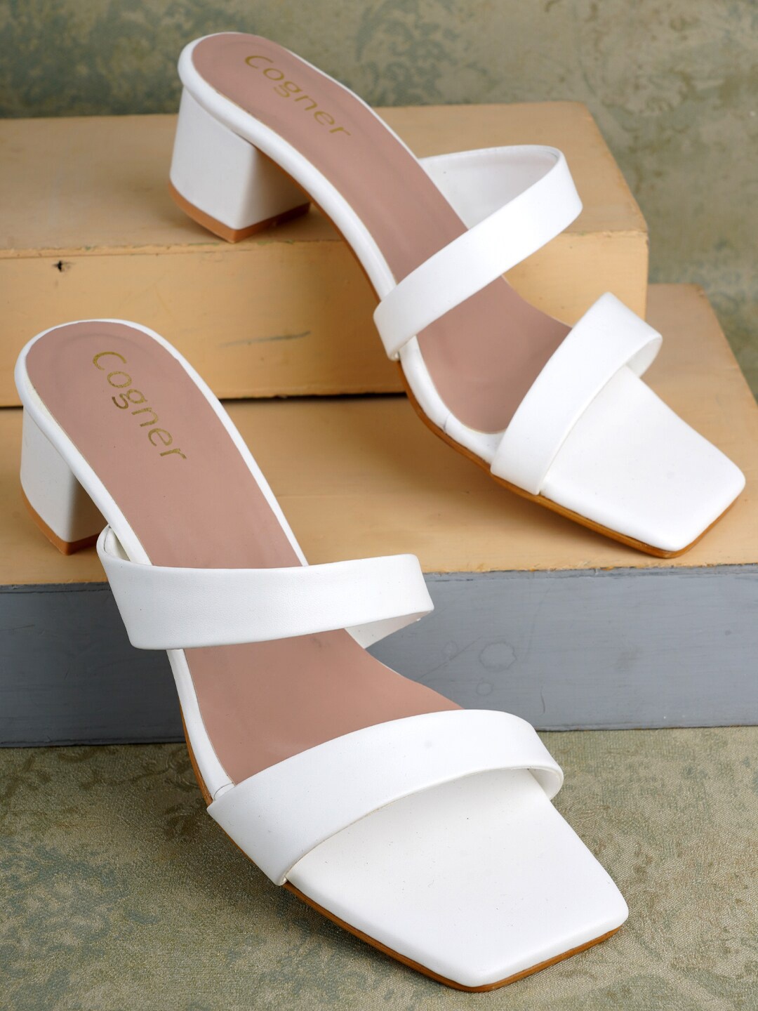 

Cogner Double Strap Block Heels, White