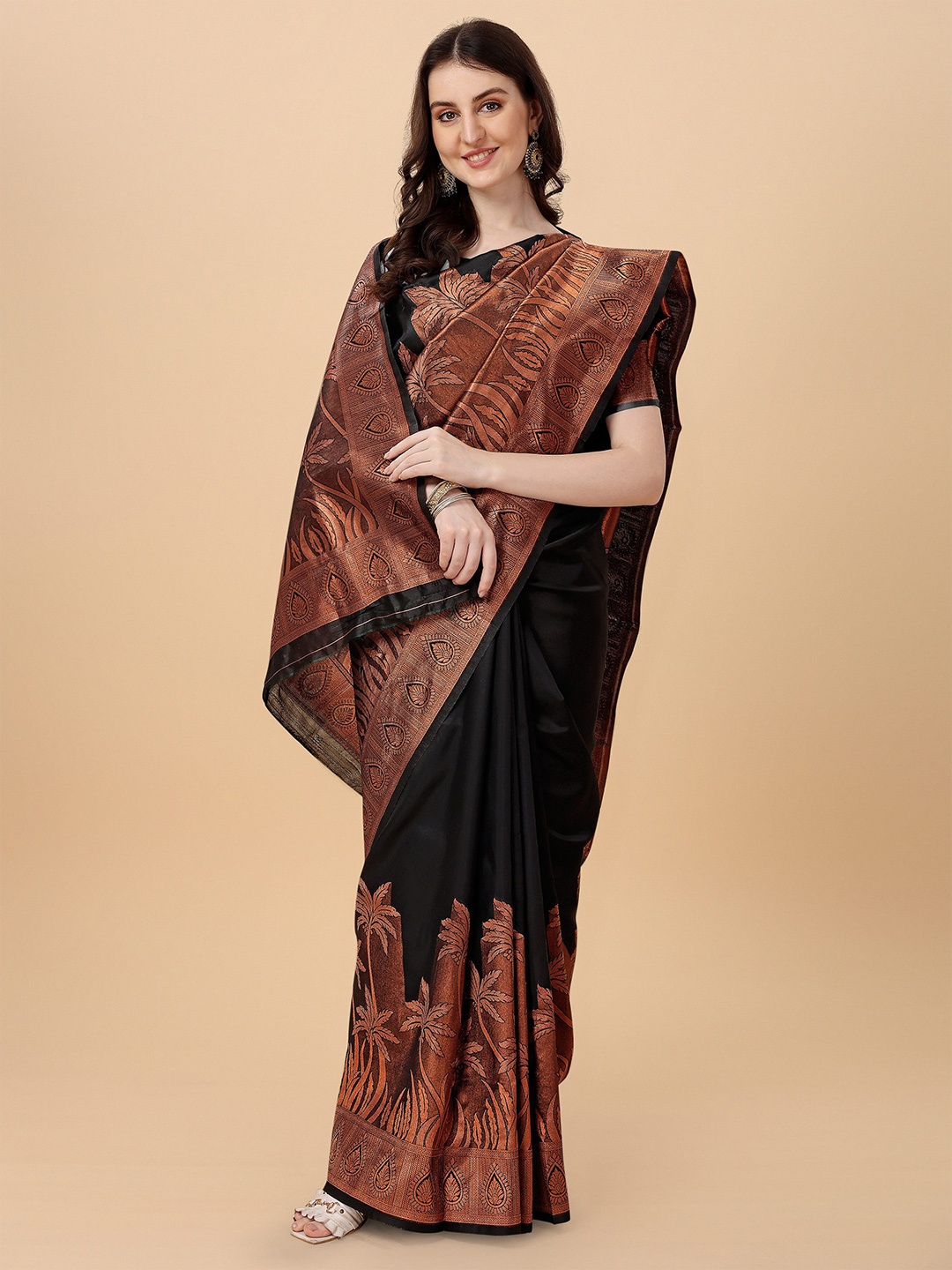 

TEREZA Floral Woven Design Zari Pure Silk Kanjeevaram Saree, Black