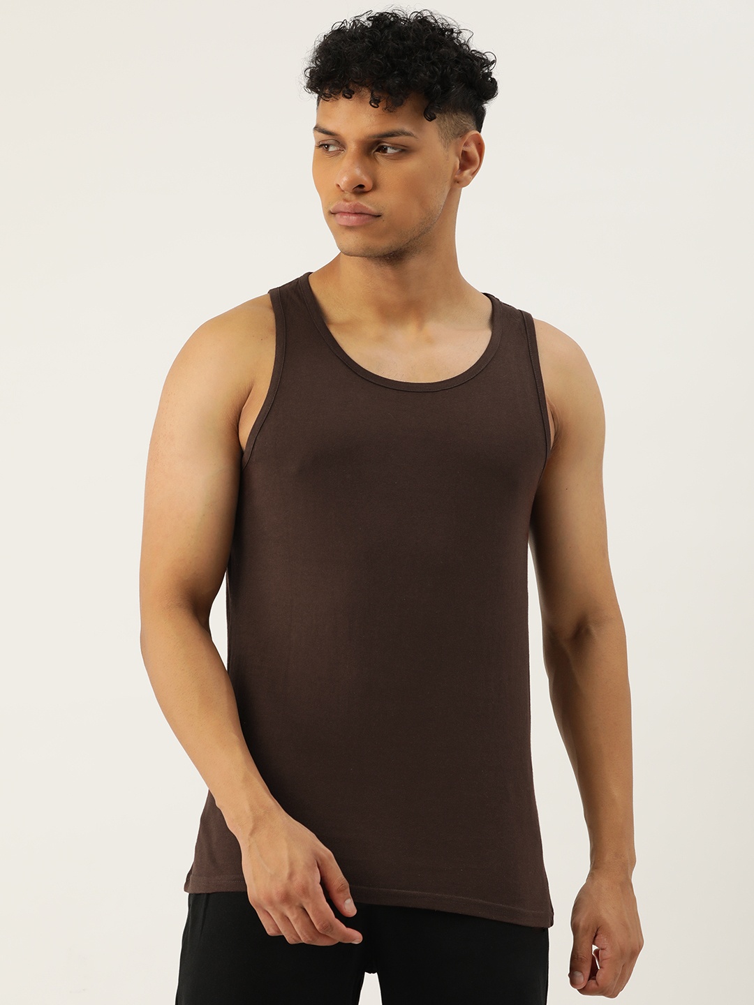 

FERANOID Men Scoop Neck Cotton Gym Vest, Brown