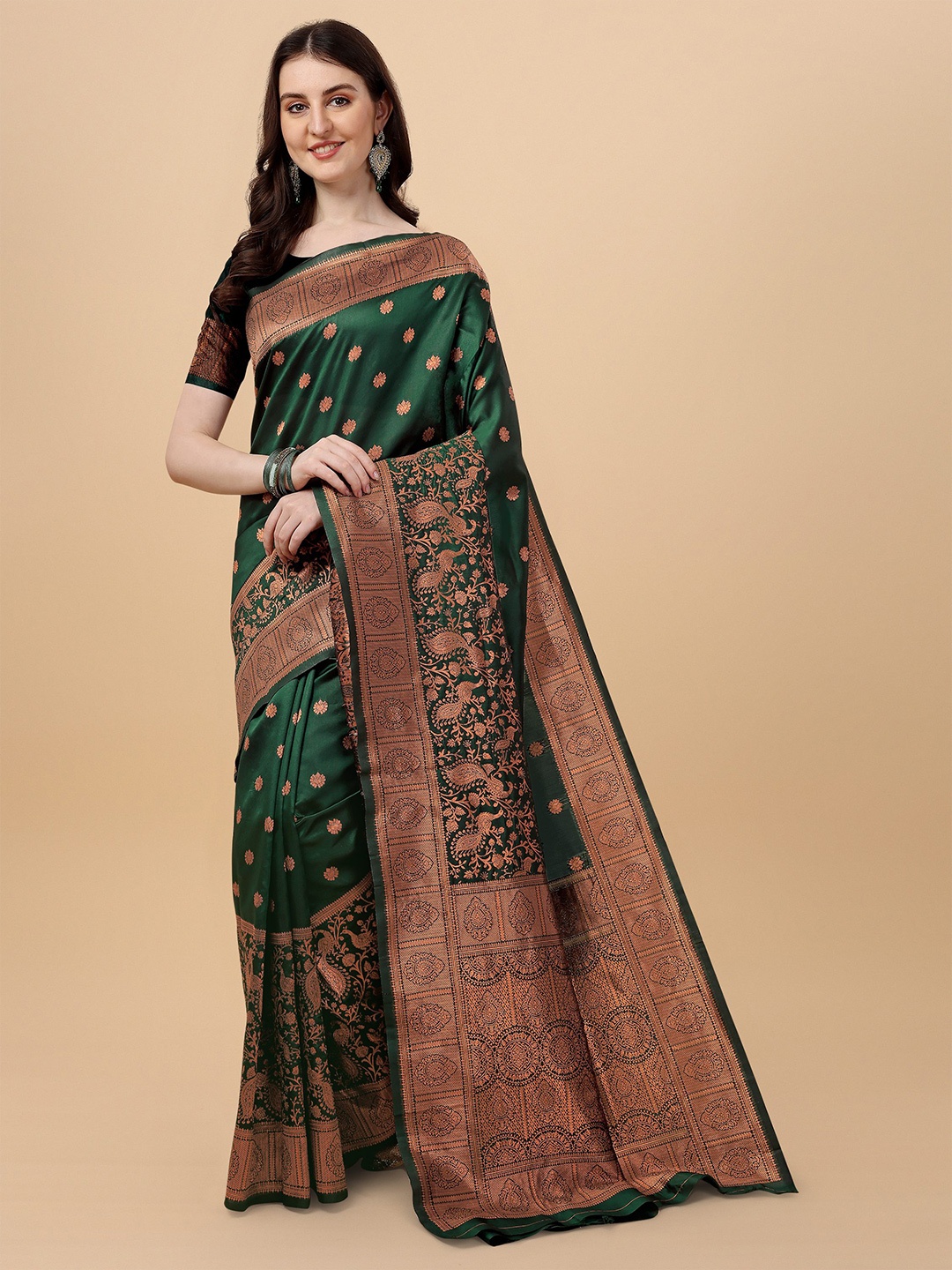 

TEREZA Floral Woven Design Zari Pure Silk Kanjeevaram Saree, Green