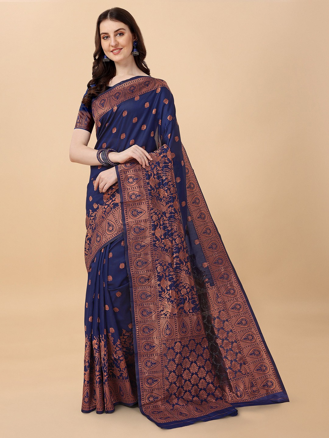 

TEREZA Floral Woven Design Zari Pure Silk Kanjeevaram Saree, Blue
