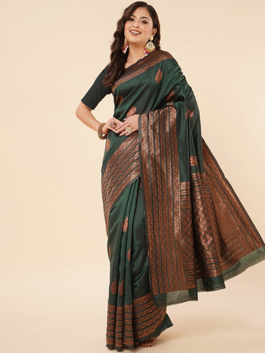 

TEREZA Woven Design Zari Pure Silk Kanjeevaram Saree, Green