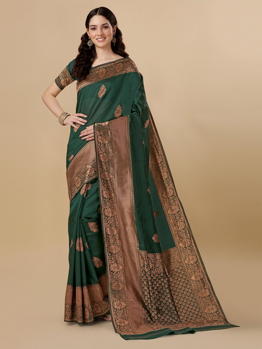 

TEREZA Ethnic Woven Design Zari Pure Silk Kanjeevaram Saree, Green