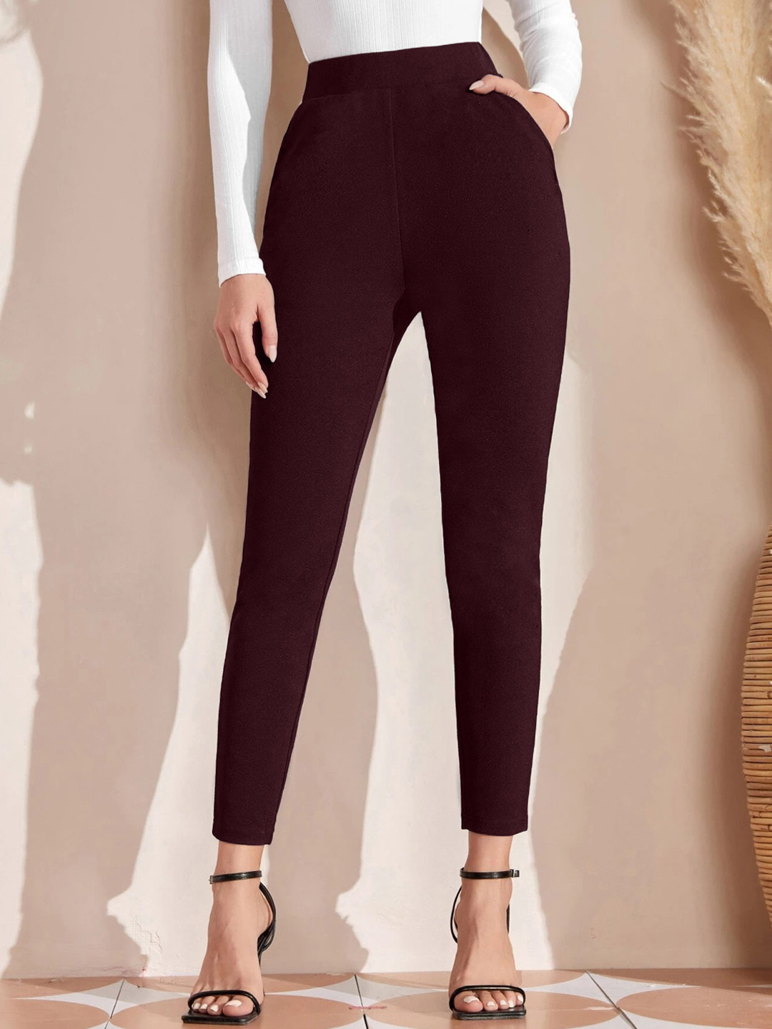 

Velmita Women High-Rise Plain Slim Fit Cropped Trousers, Burgundy