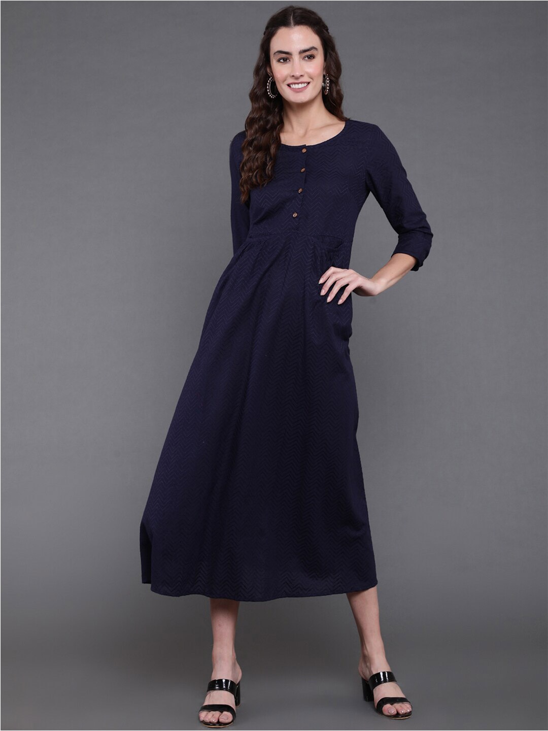 

antaran Round Neck Fit and Flare Midi Dress, Navy blue