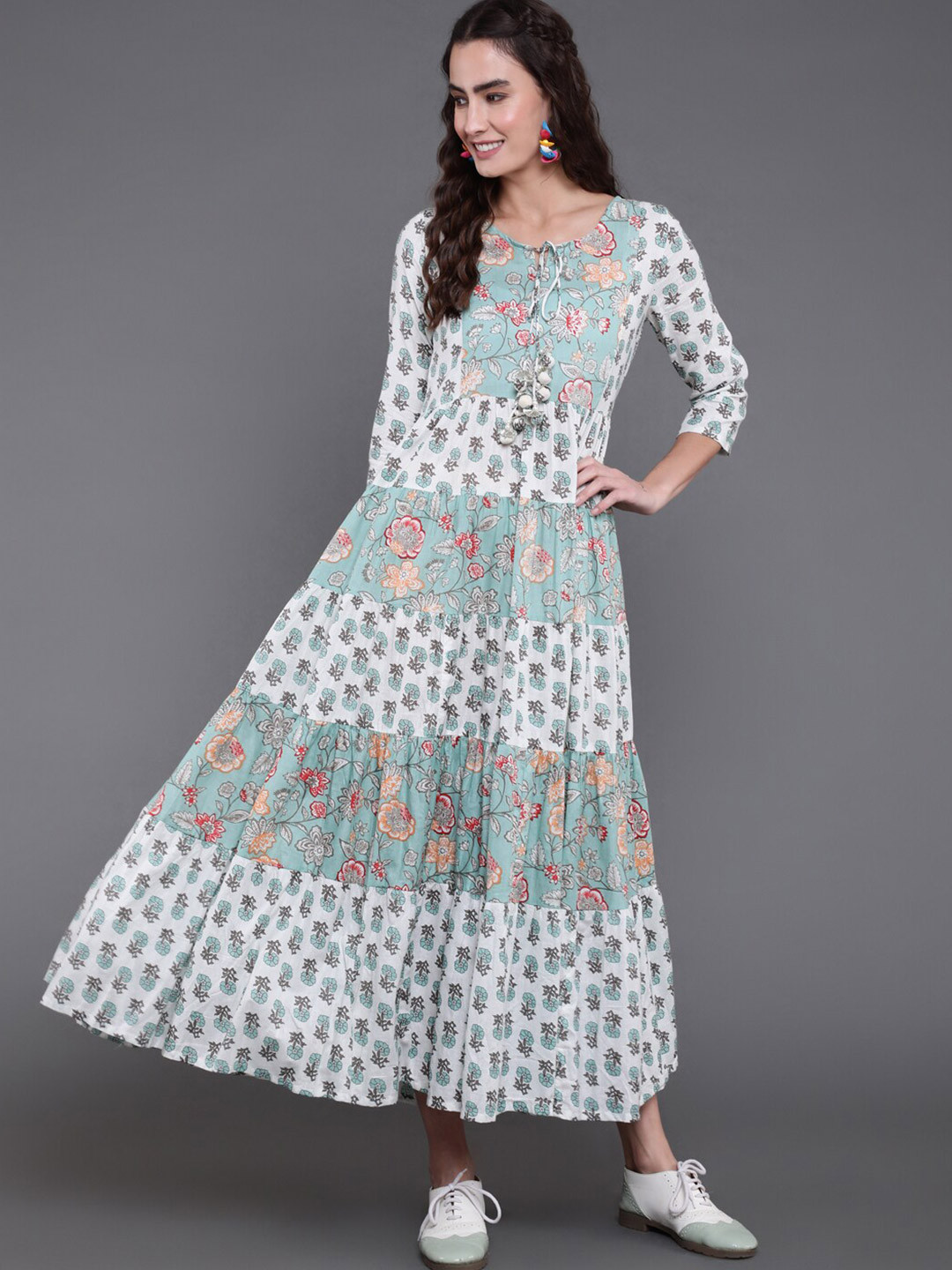 

antaran Floral Printed Tie Up Neck Tiered Cotton Maxi Dress, White
