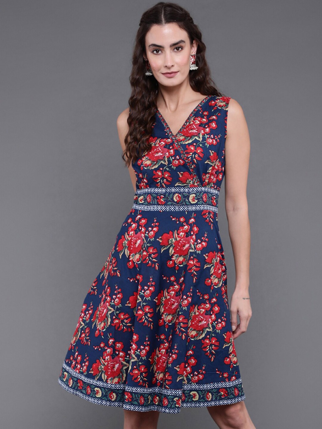

antaran Floral Printed V-Neck Cotton A-Line Dress, Navy blue