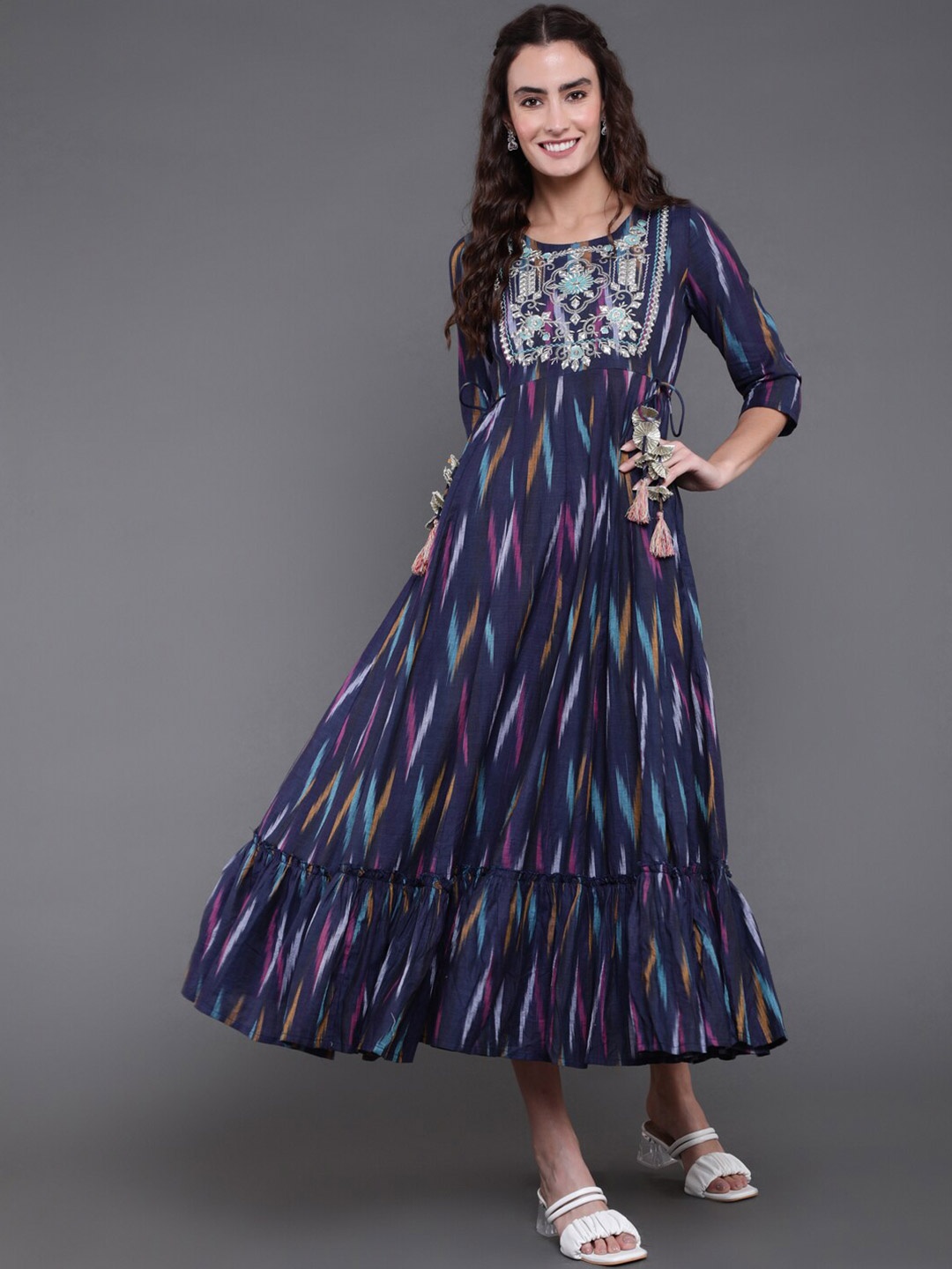 

antaran Ethnic Printed Fit and Flare Midi Dress, Blue