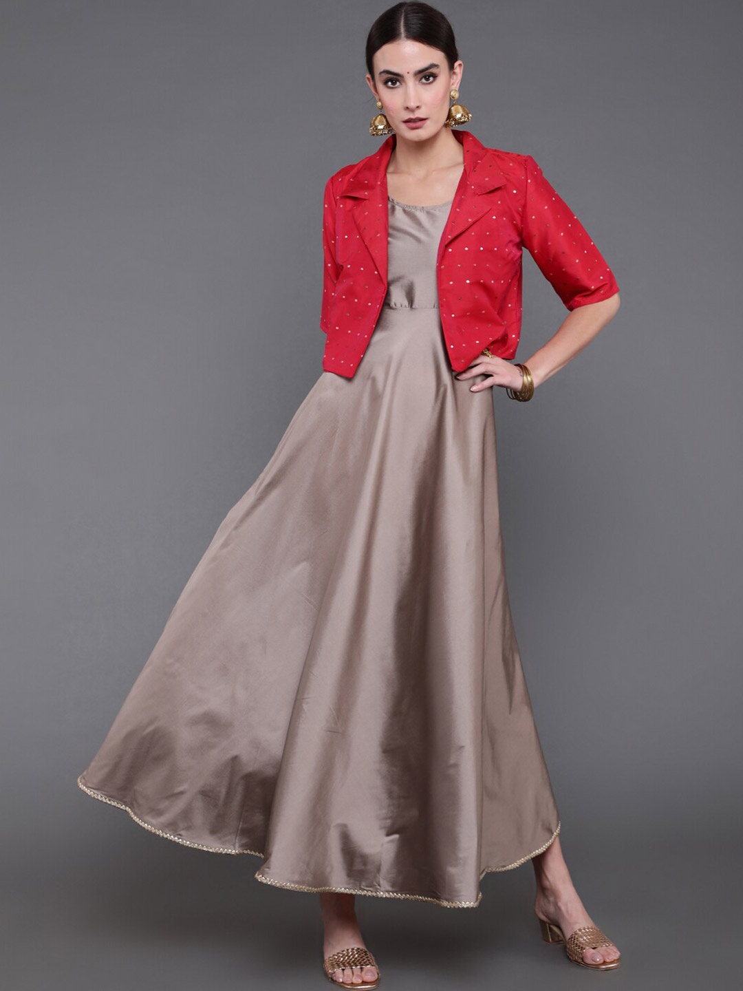 

antaran Woven Design Ethnic Maxi With Jacket, Grey