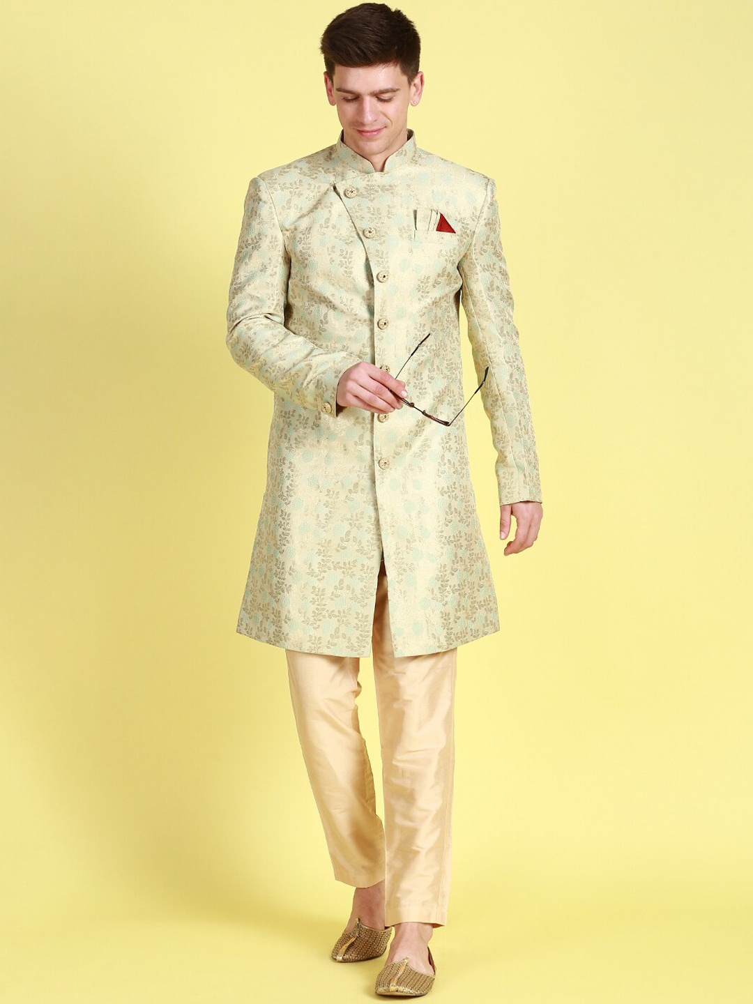 

Sanwara Floral-Design Sherwani Set, Green