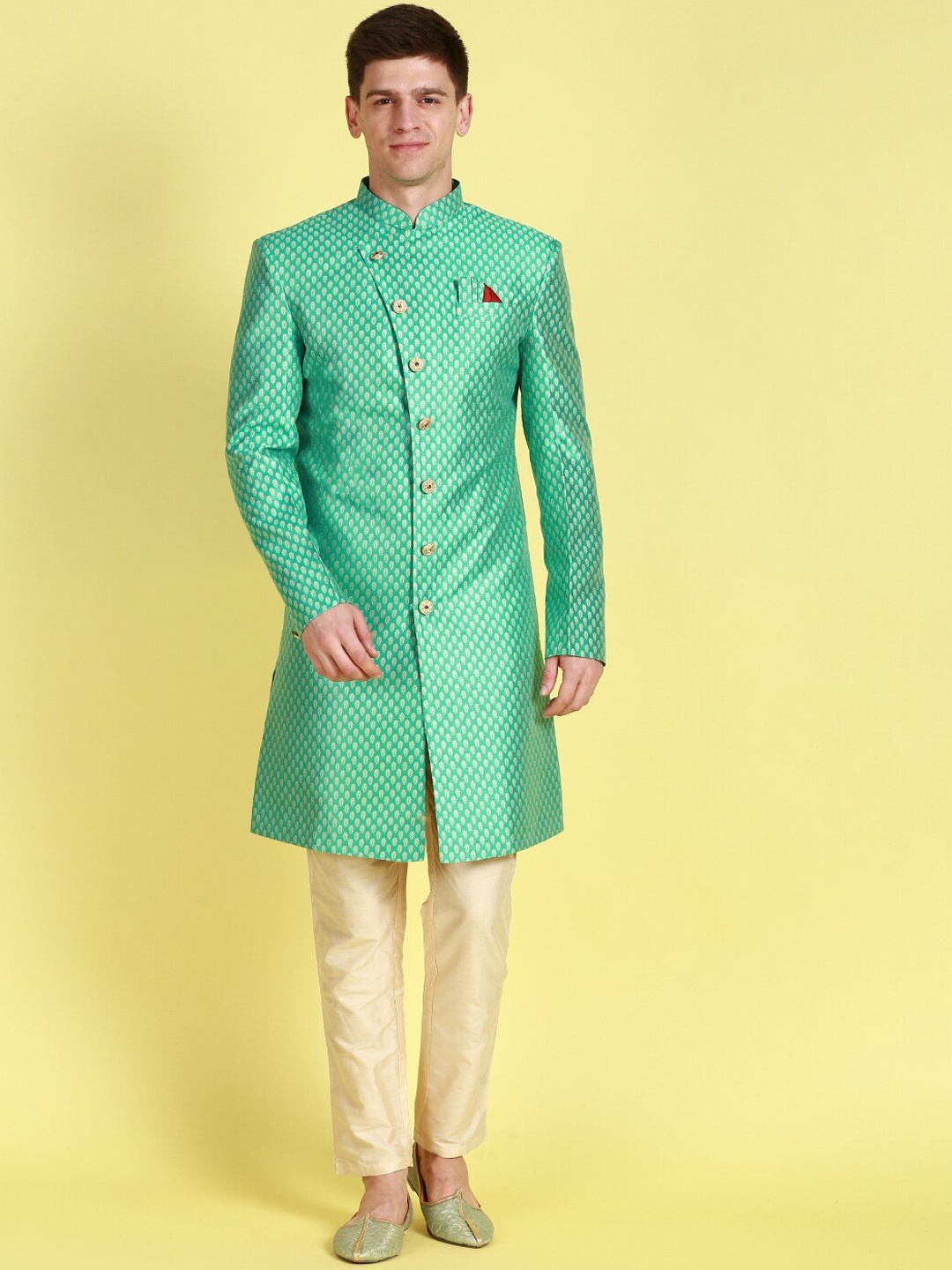 

Sanwara Woven Design Sherwani Set, Green